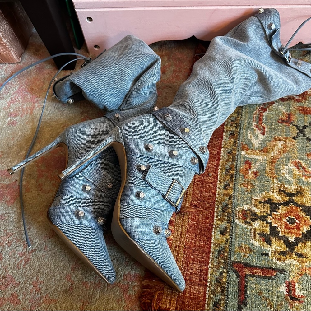 steve madden denim studded knee high pointed toe boot